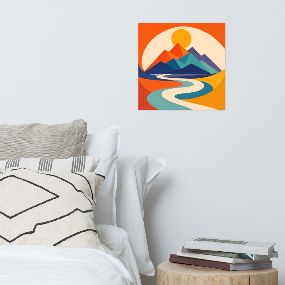Minimal Geometric Mountains with Winding River — Art Print