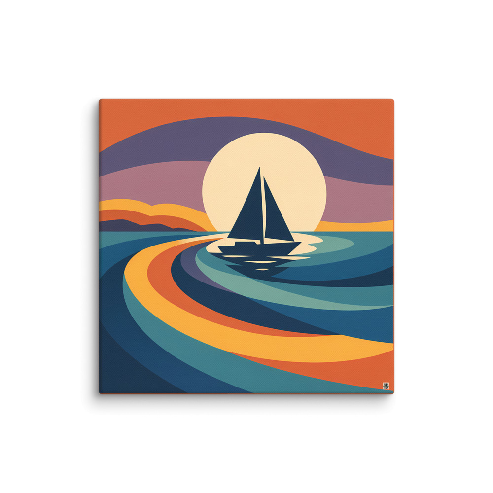 Sailboat Sunset with Geometric Gradient Waves — Canvas Print