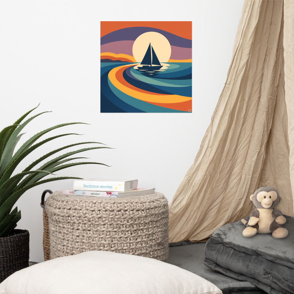 Sailboat Sunset with Geometric Gradient Waves — Art Print