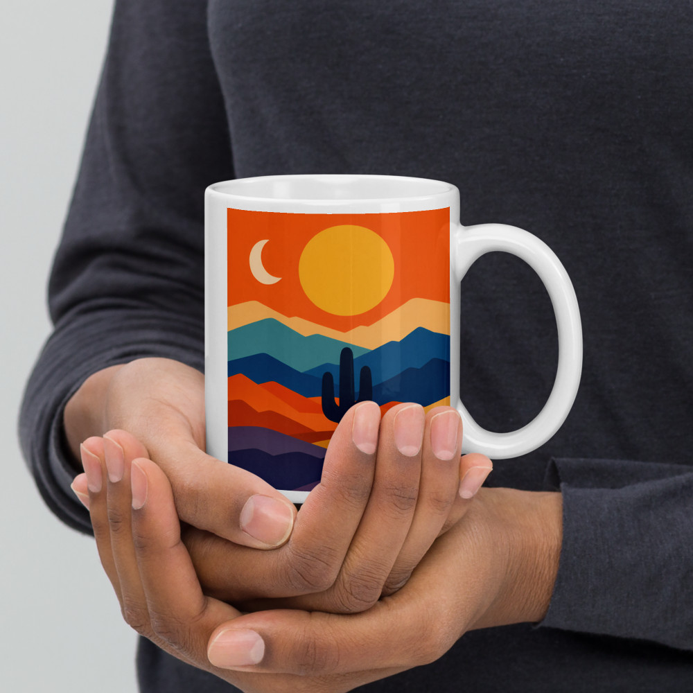 Saguaro Desert Sunset with Layered Mountains — Mug