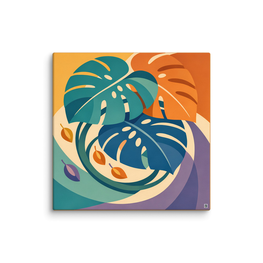Bold Monstera Leaves in Teal and Orange — Canvas Print