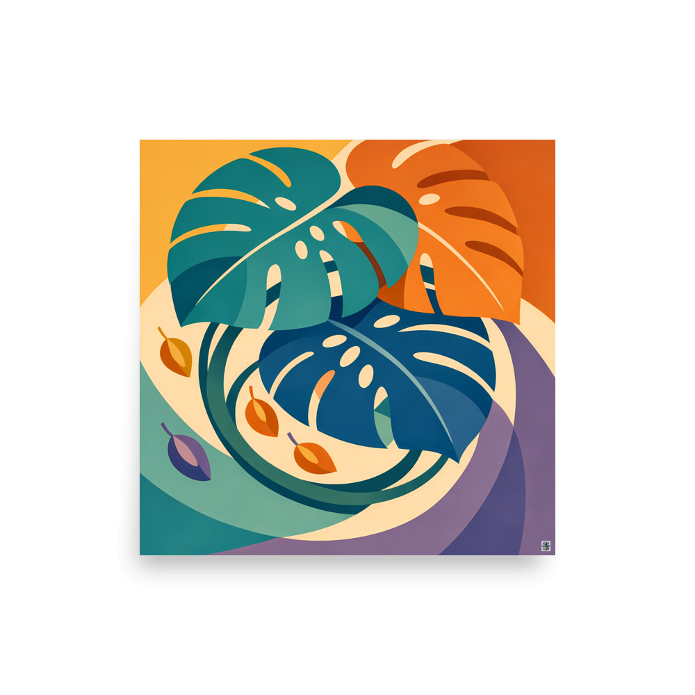 Bold Monstera Leaves in Teal and Orange — Art Print