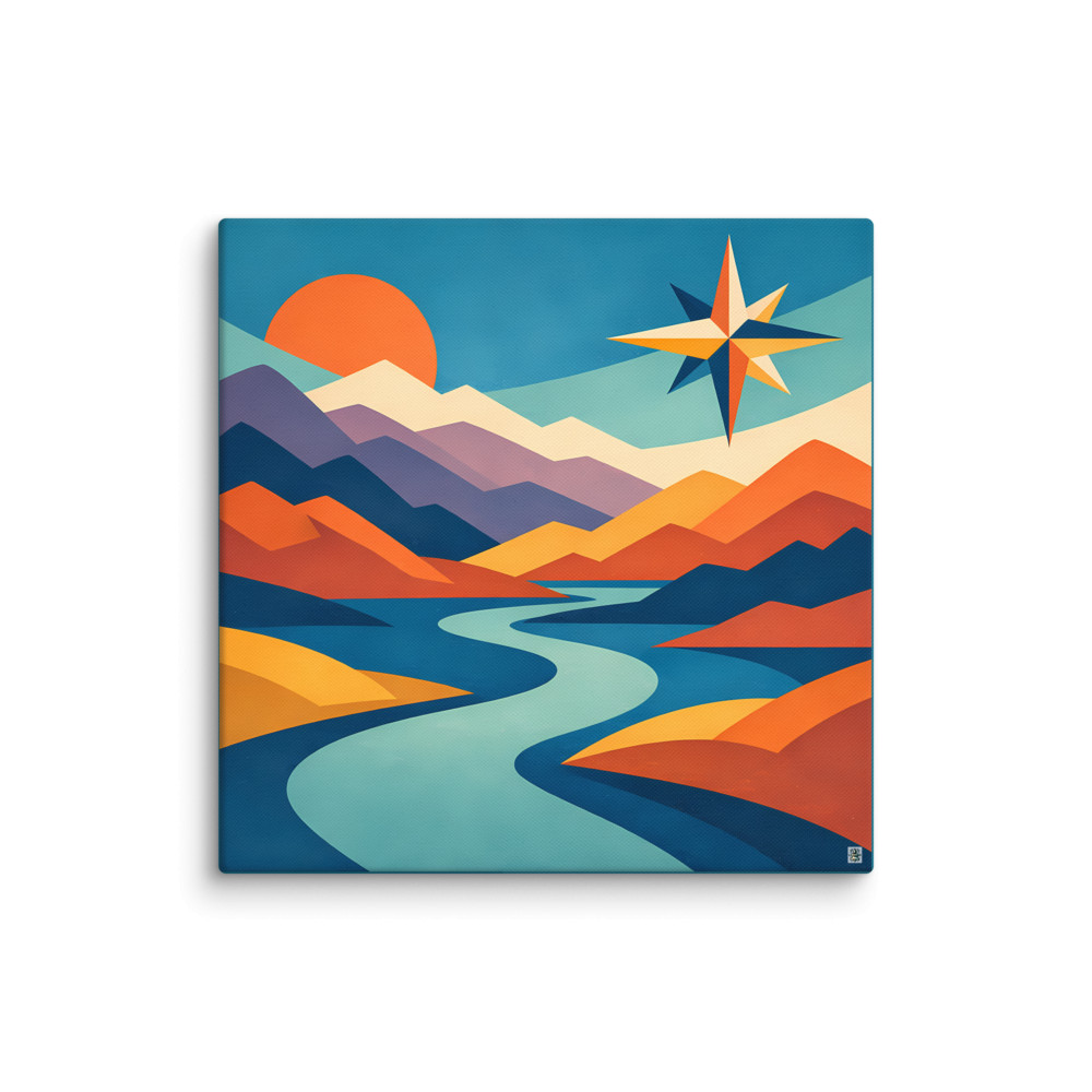 Geometric Mountain River with Compass Star — Canvas Print