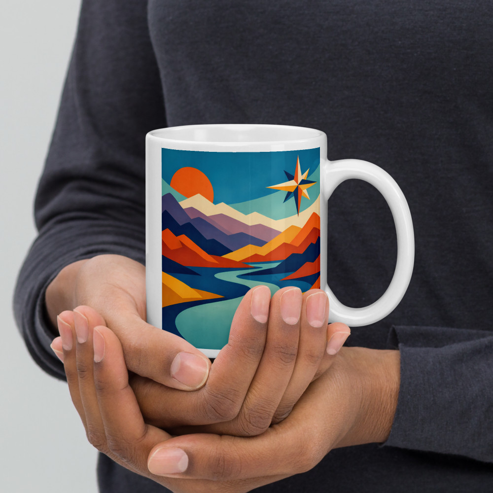 Geometric Mountain River with Compass Star — Mug