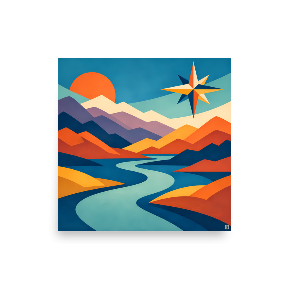Geometric Mountain River with Compass Star — Art Print