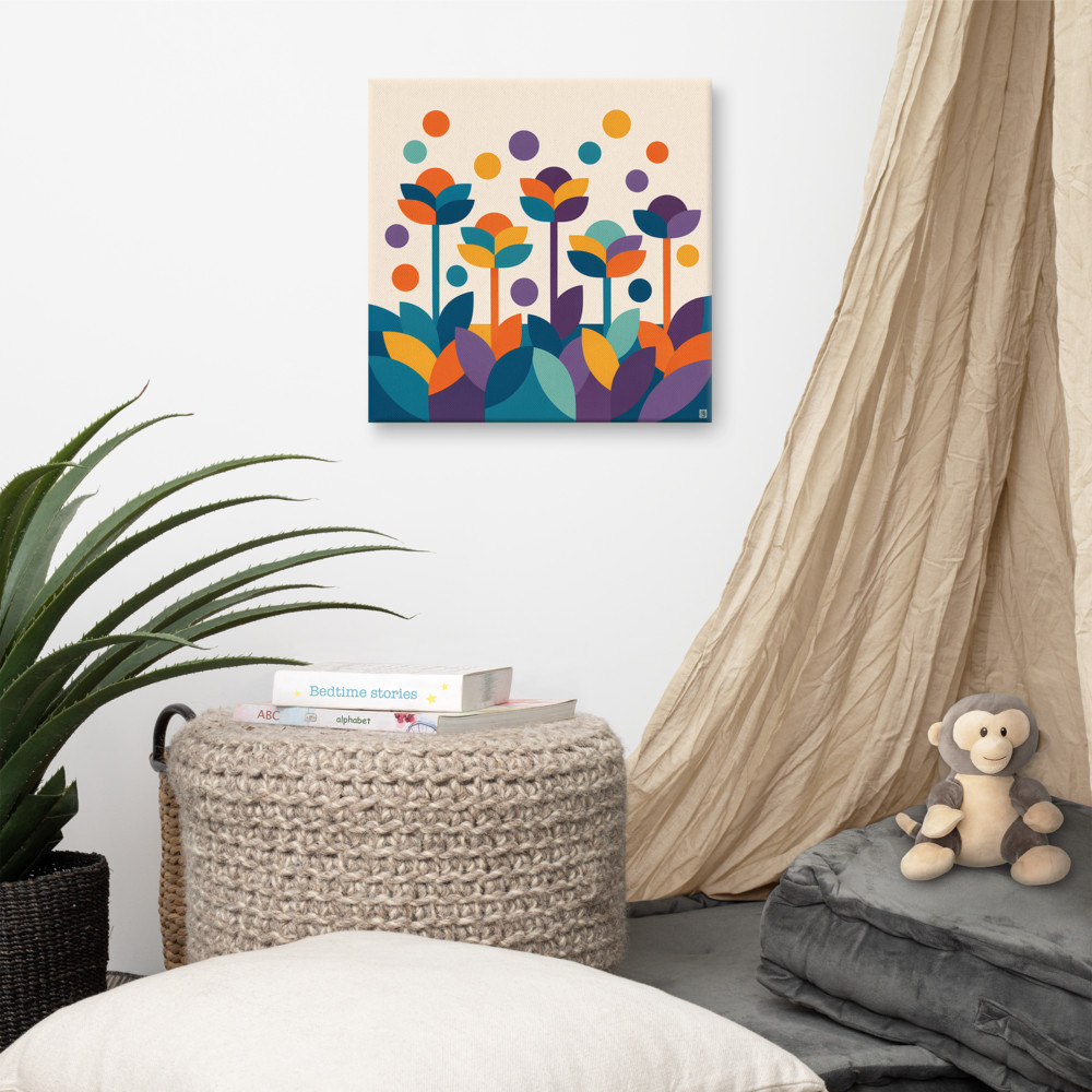 Geometric Botanical Flowers in Teal and Orange — Canvas Print