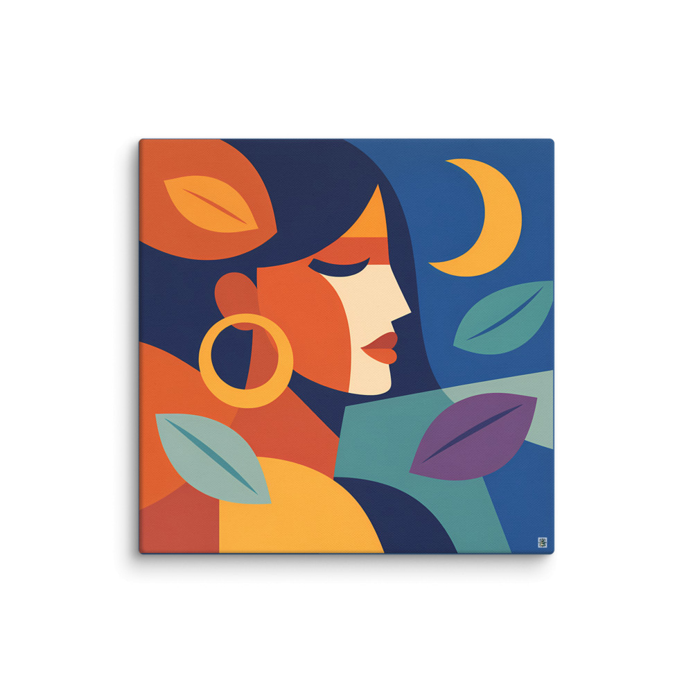 Abstract Moonlit Face with Leaves and Hoop Earring — Canvas Print