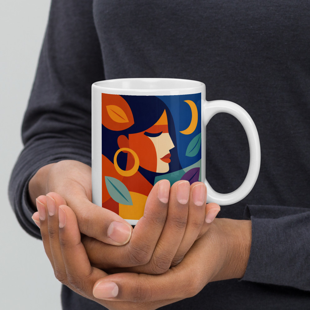 Abstract Moonlit Face with Leaves and Hoop Earring — Mug