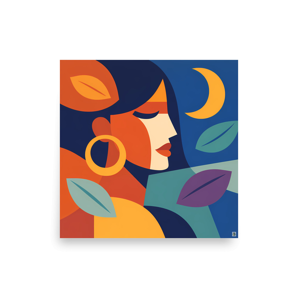 Abstract Moonlit Face with Leaves and Hoop Earring — Art Print