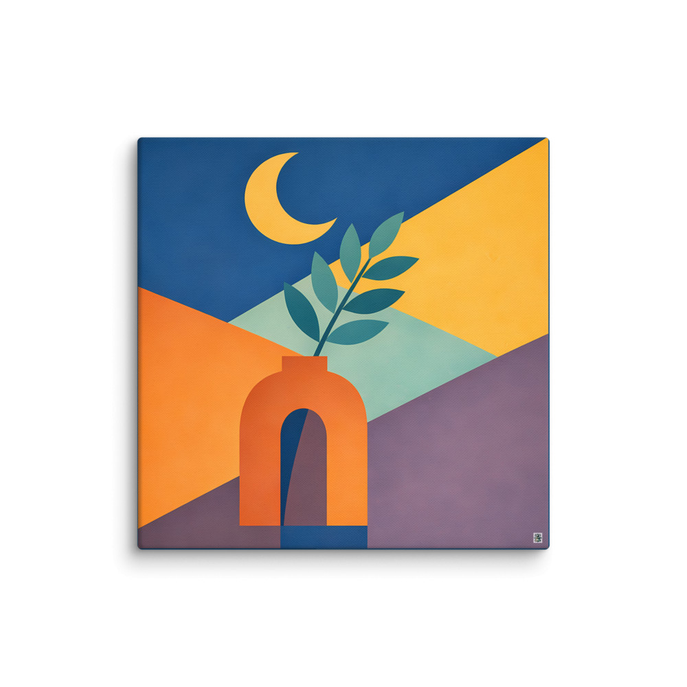 Crescent Moon Vase with Minimal Leaves — Canvas Print