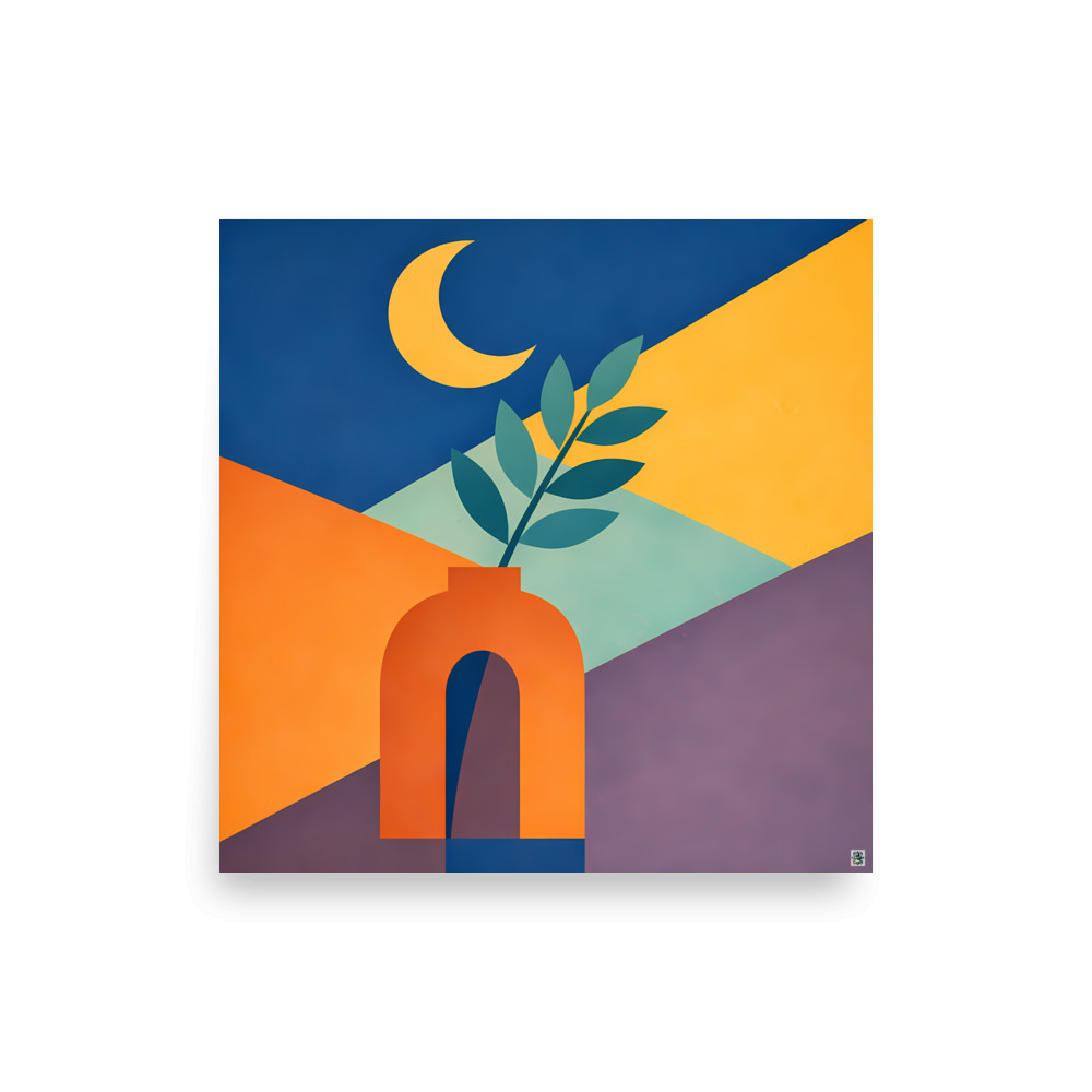 Crescent Moon Vase with Minimal Leaves — Art Print