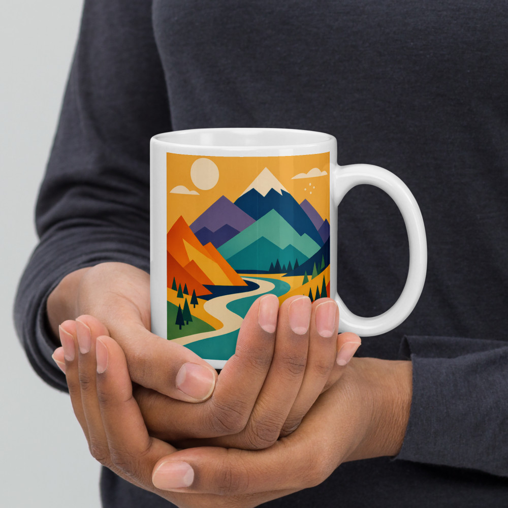 Geometric Mountain Valley with Winding River — Mug