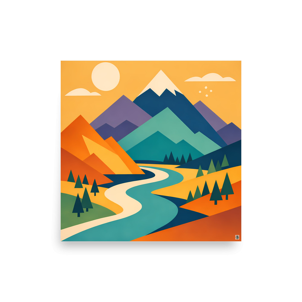 Geometric Mountain Valley with Winding River — Art Print