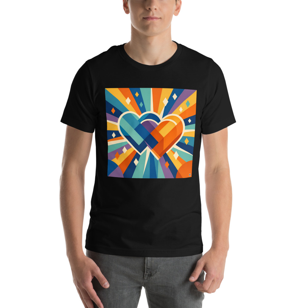 Interlocking Geometric Hearts with Colour Rays — T-Shirt