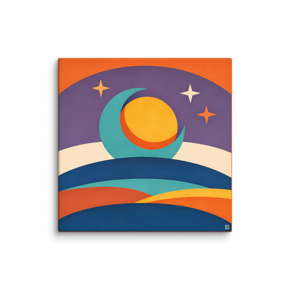 Sun and Moon Over Layered Cosmic Hills — Canvas Print