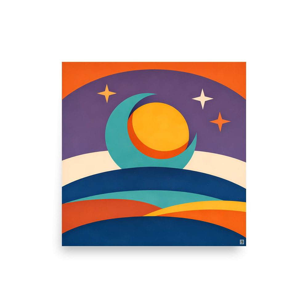 Sun and Moon Over Layered Cosmic Hills — Art Print
