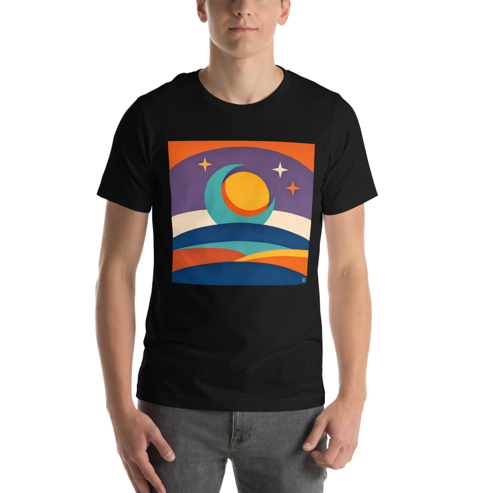 Sun and Moon Over Layered Cosmic Hills — T-Shirt