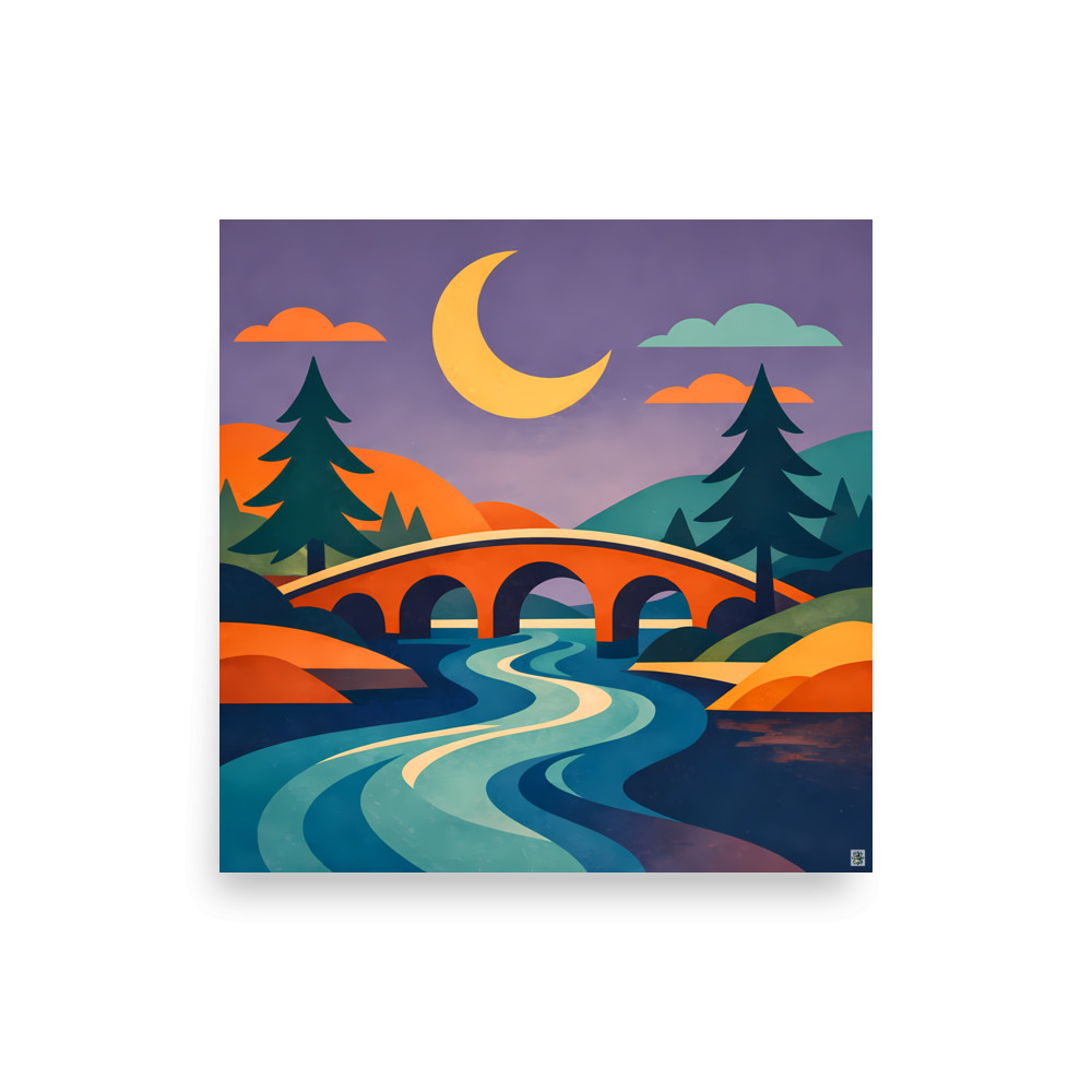 Crescent Moon River Bridge Landscape — Art Print