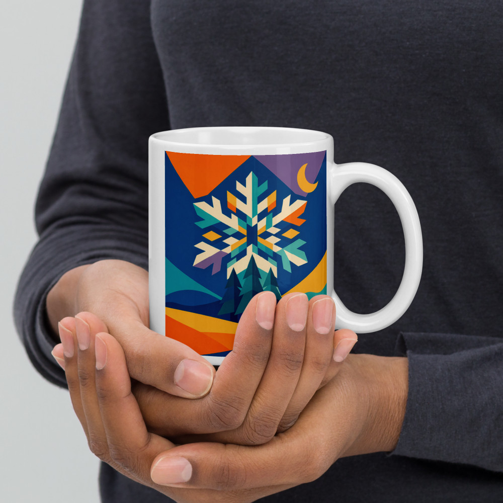 Geometric Snowflake Over Moonlit Pines — Mug