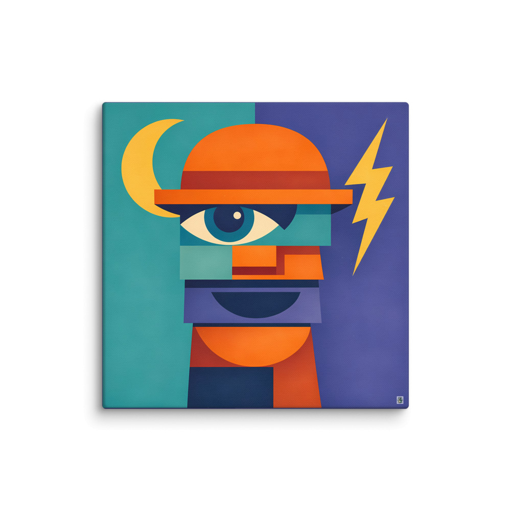 Geometric Face with Moon and Lightning — Canvas Print