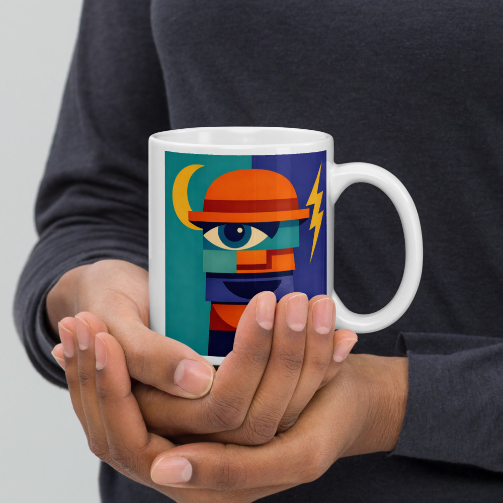 Geometric Face with Moon and Lightning — Mug