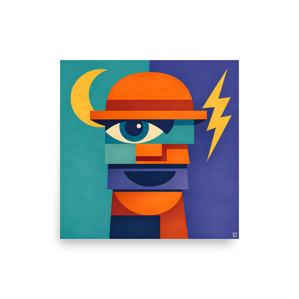 Geometric Face with Moon and Lightning — Art Print