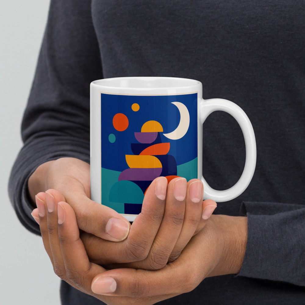 Stacked Geometric Shapes with Crescent Moon — Mug
