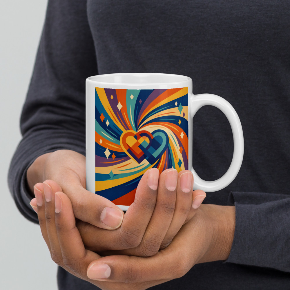 Interlocking Geometric Hearts with Cosmic Swirl — Mug