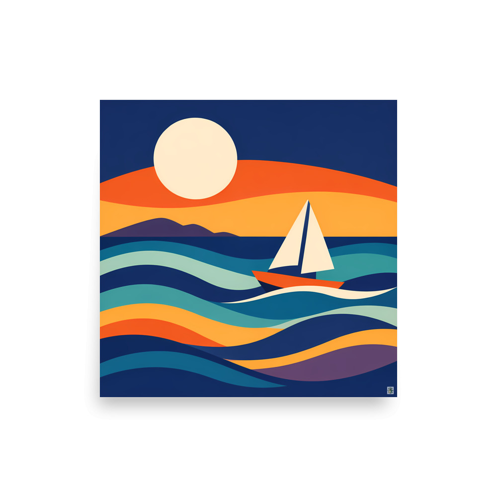 Sailing Boat Sunset with Gradient Waves — Art Print