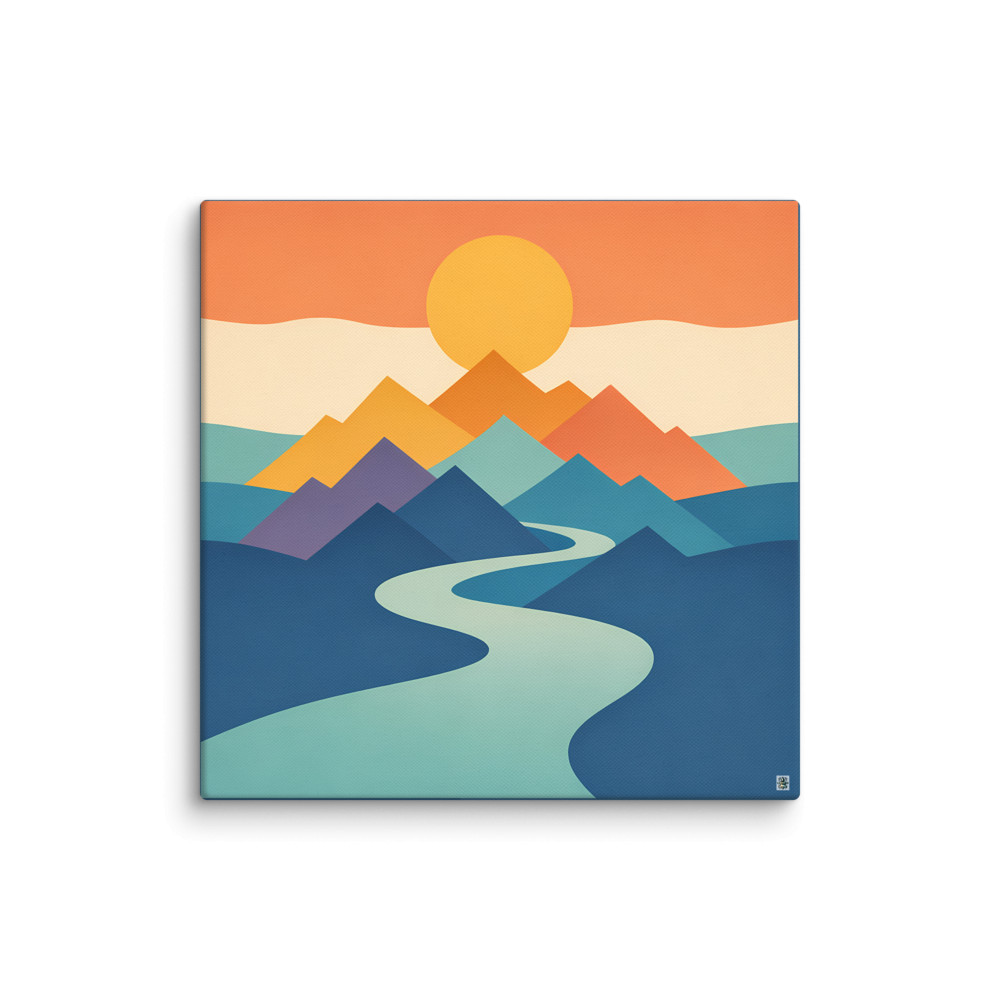 Geometric Mountain Sunset with Winding River — Canvas Print