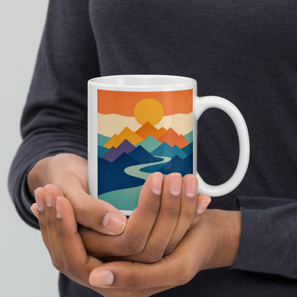Geometric Mountain Sunset with Winding River — Mug