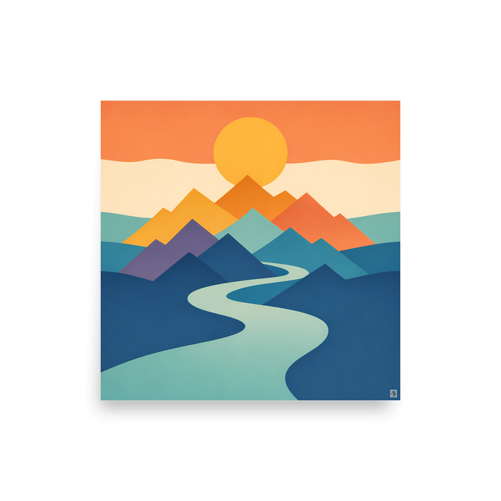 Geometric Mountain Sunset with Winding River — Art Print