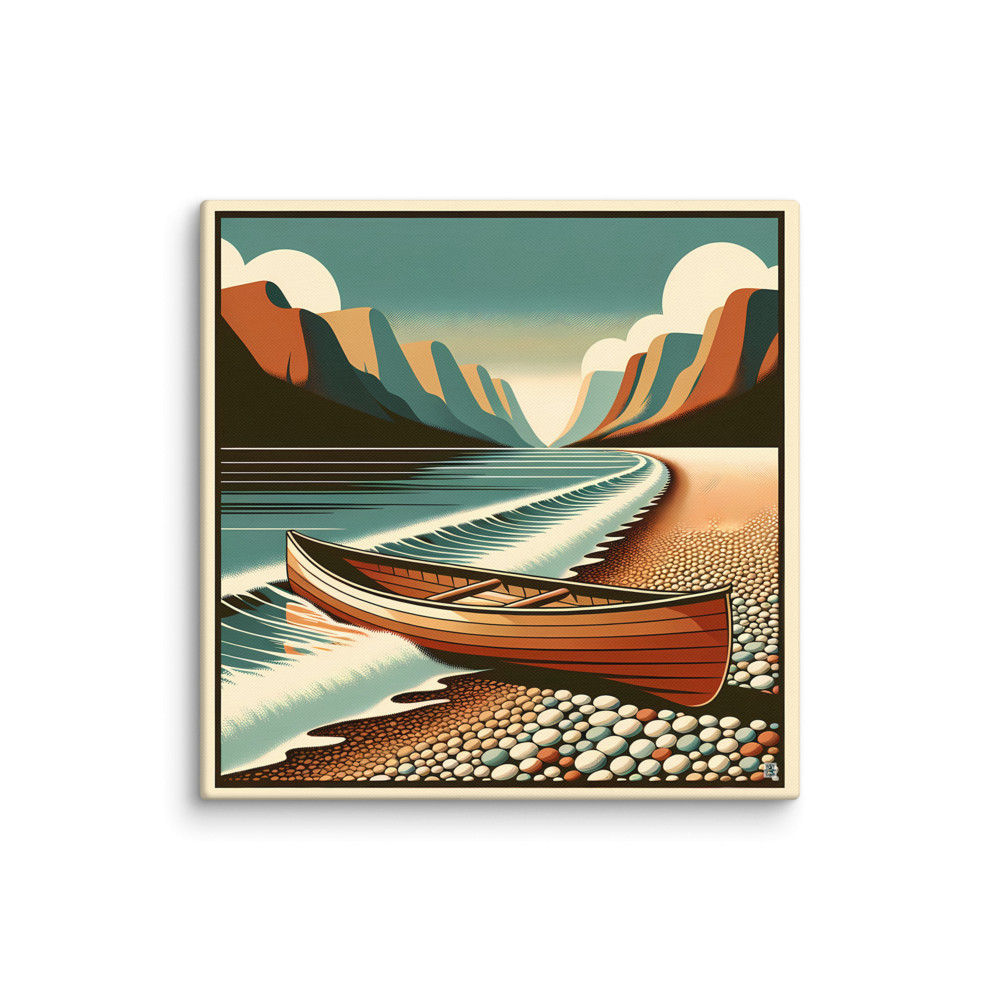 Retro Canoe on Pebble Beach Mountain Coast — Canvas Print