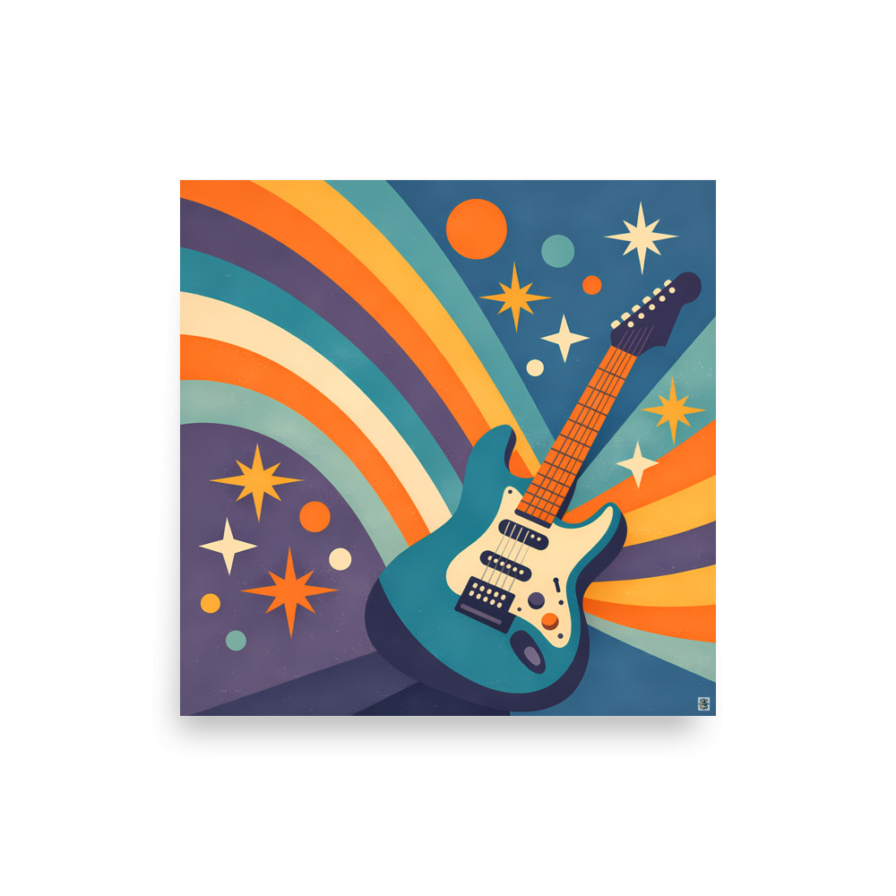 Retro Electric Guitar with Rainbow Festival Shapes — Art Print