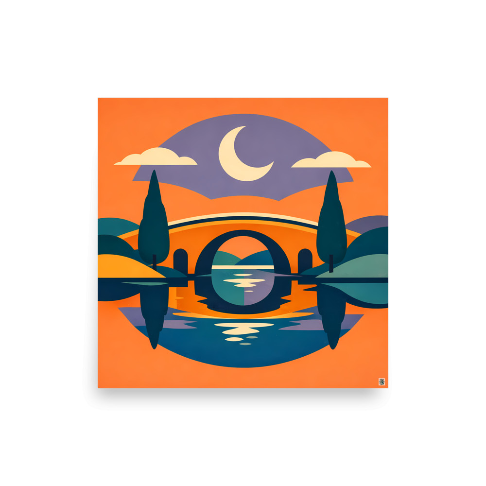 Moonlit Bridge Colour Block Landscape — Art Print