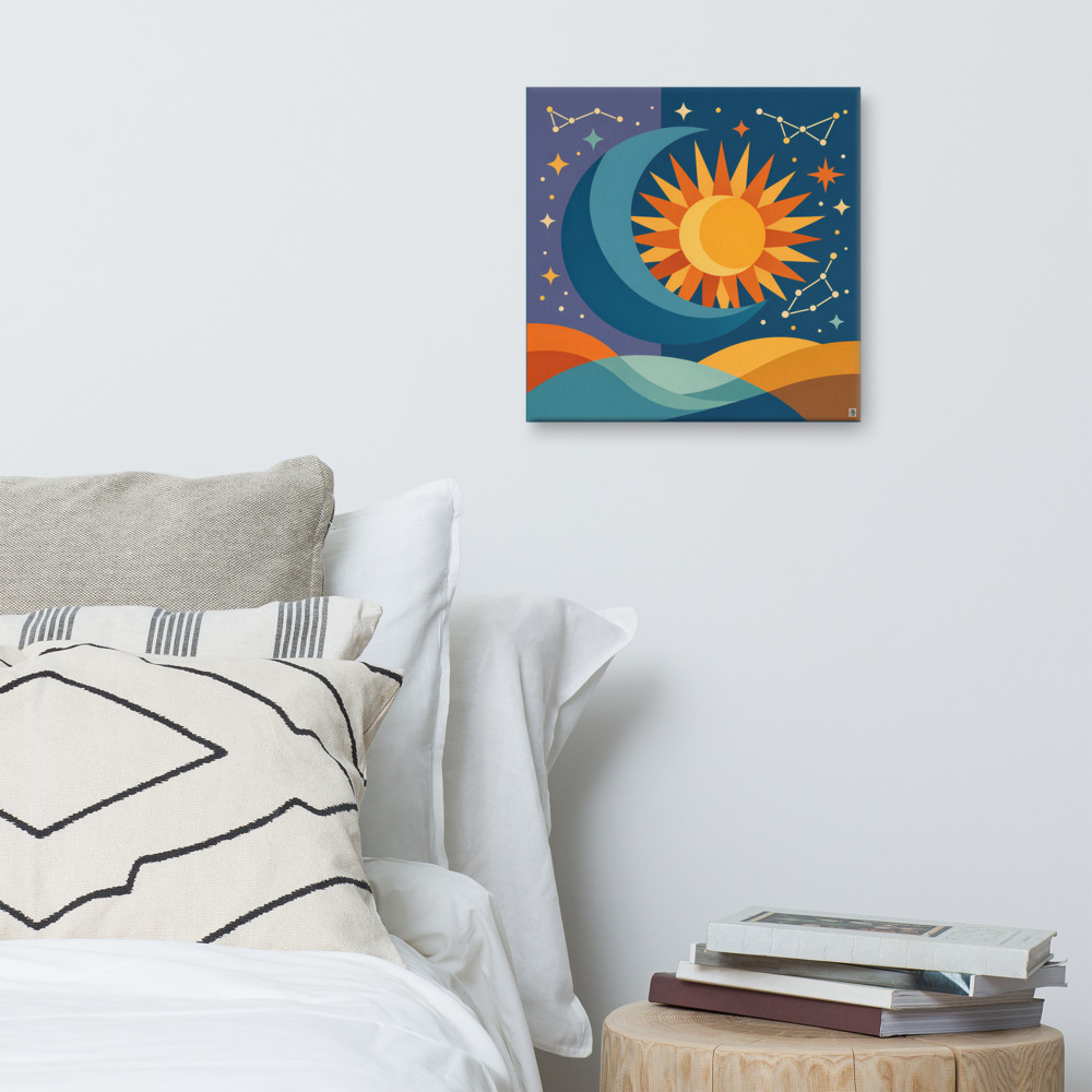 Sun and Crescent Moon with Stars — Canvas Print