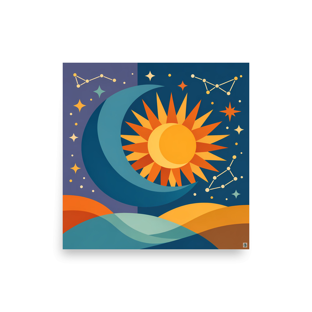 Sun and Crescent Moon with Stars — Art Print