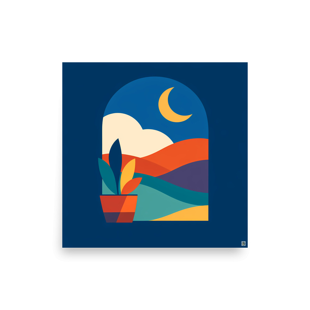 Arched Moonlit Landscape with Potted Plant — Art Print