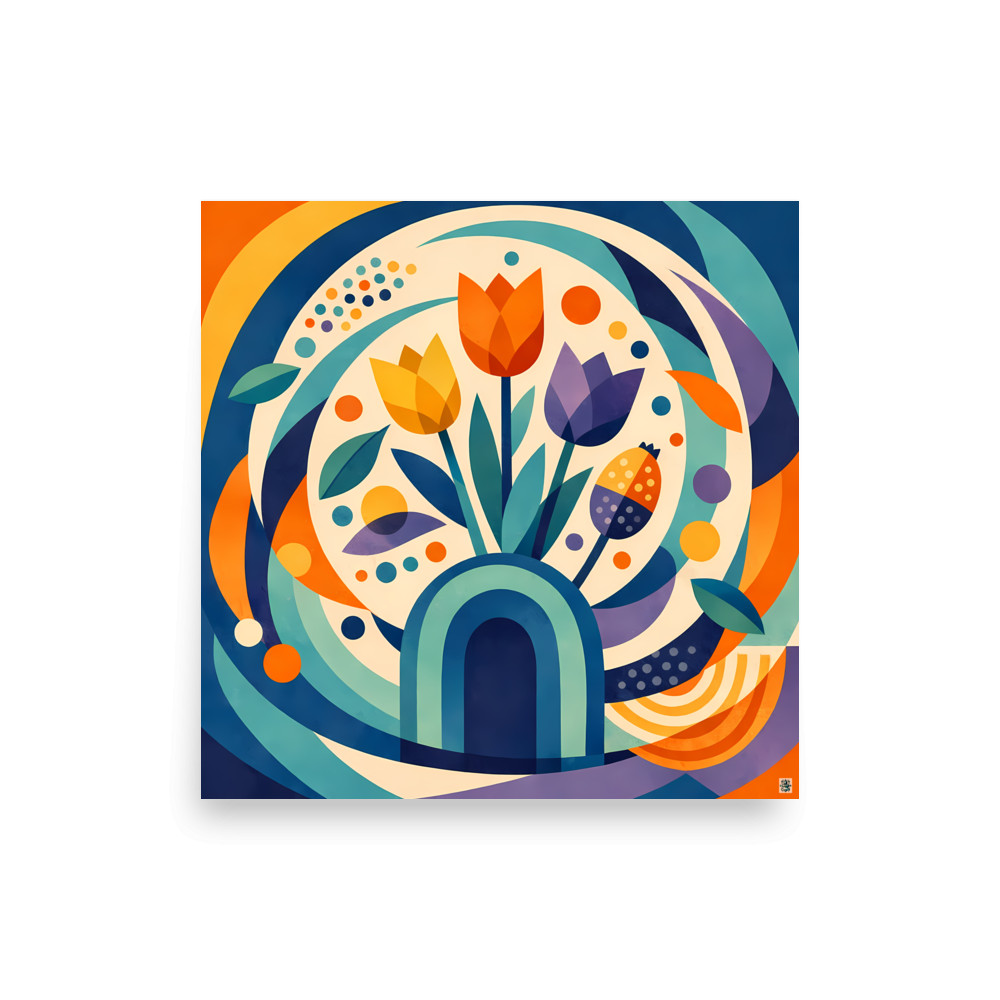 Geometric Tulip Bouquet with Circular Botanical Forms — Art Print