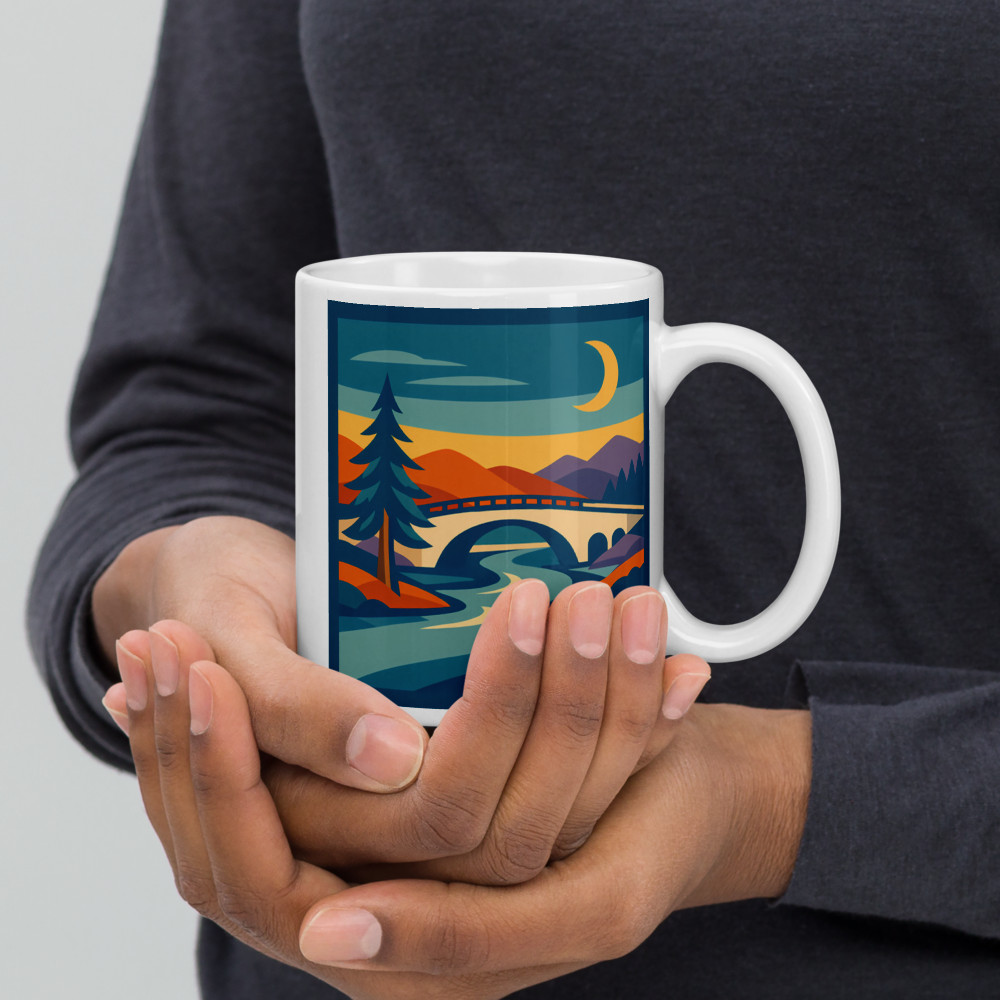 Crescent Moon Bridge and Pine Landscape — Mug