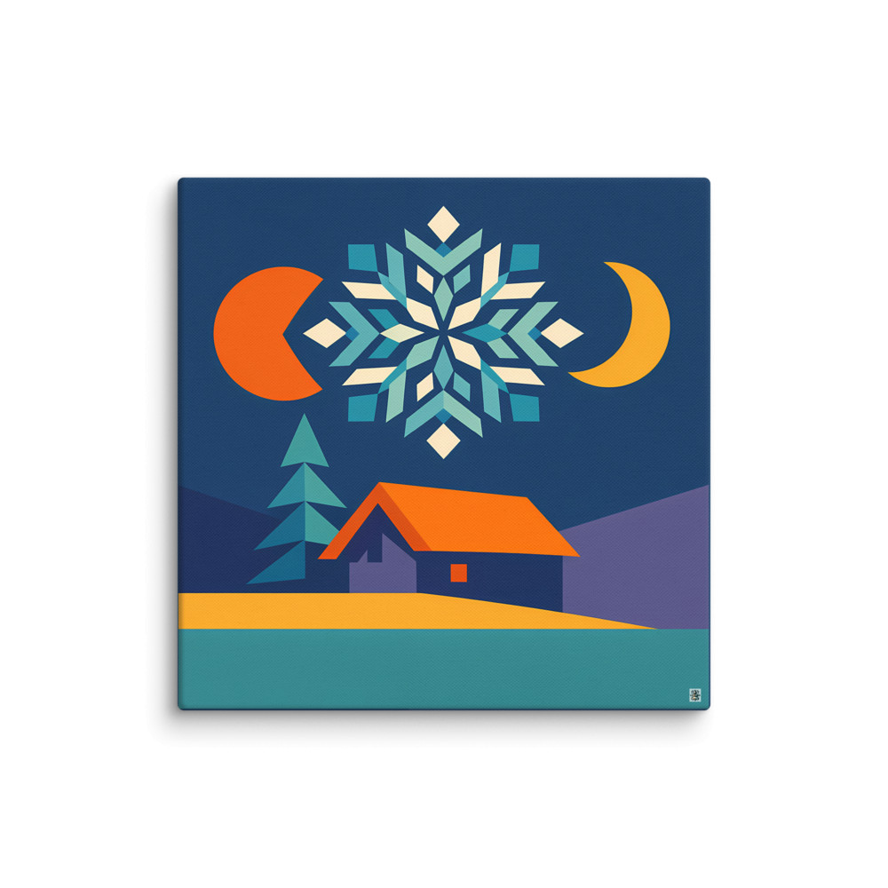 Geometric Snowflake Over Winter Cabin — Canvas Print