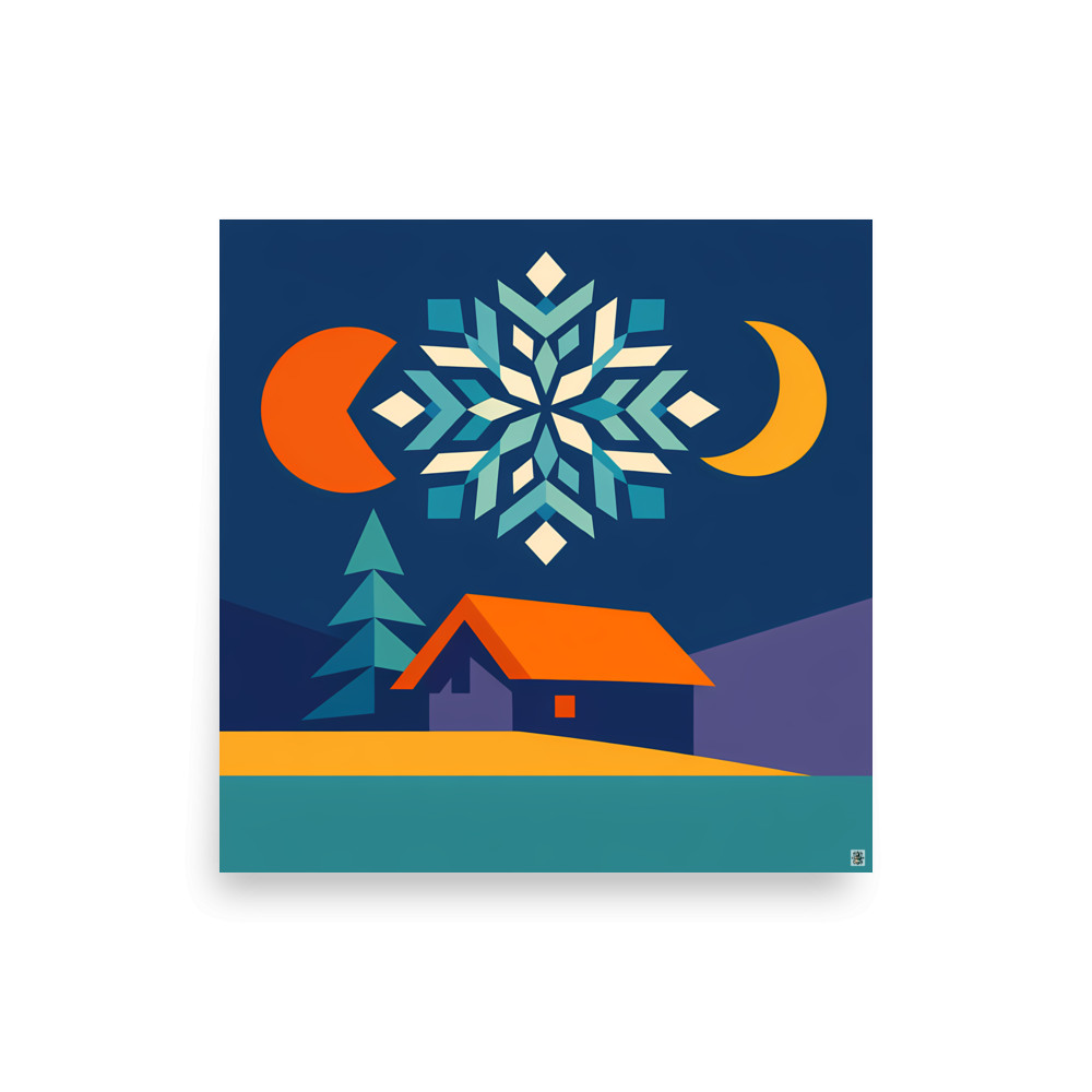 Geometric Snowflake Over Winter Cabin — Art Print