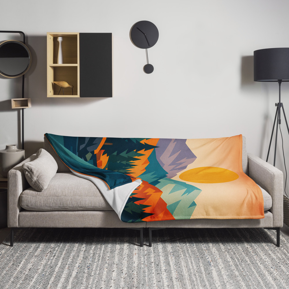 Geometric Mountain River Sunset Landscape — Throw Blanket