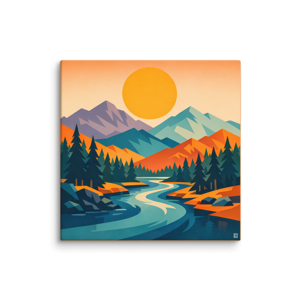 Geometric Mountain River Sunset Landscape — Canvas Print