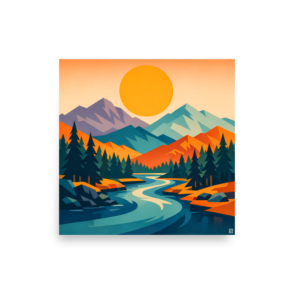 Geometric Mountain River Sunset Landscape — Art Print
