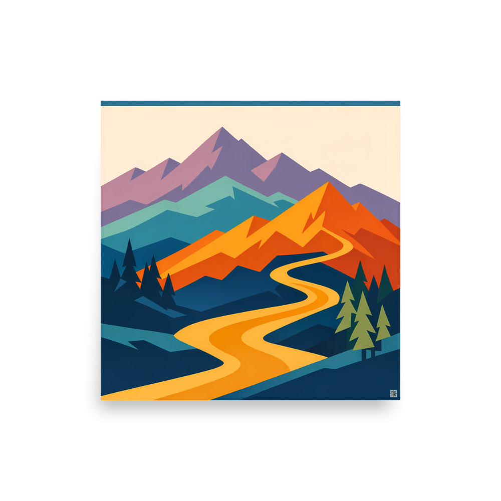 Geometric Mountain Valley with Golden River — Art Print