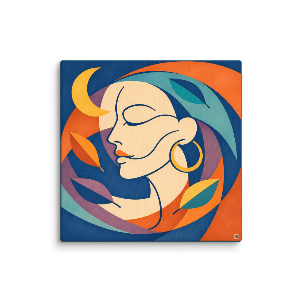 Moonlit Minimal Face with Leaves — Canvas Print