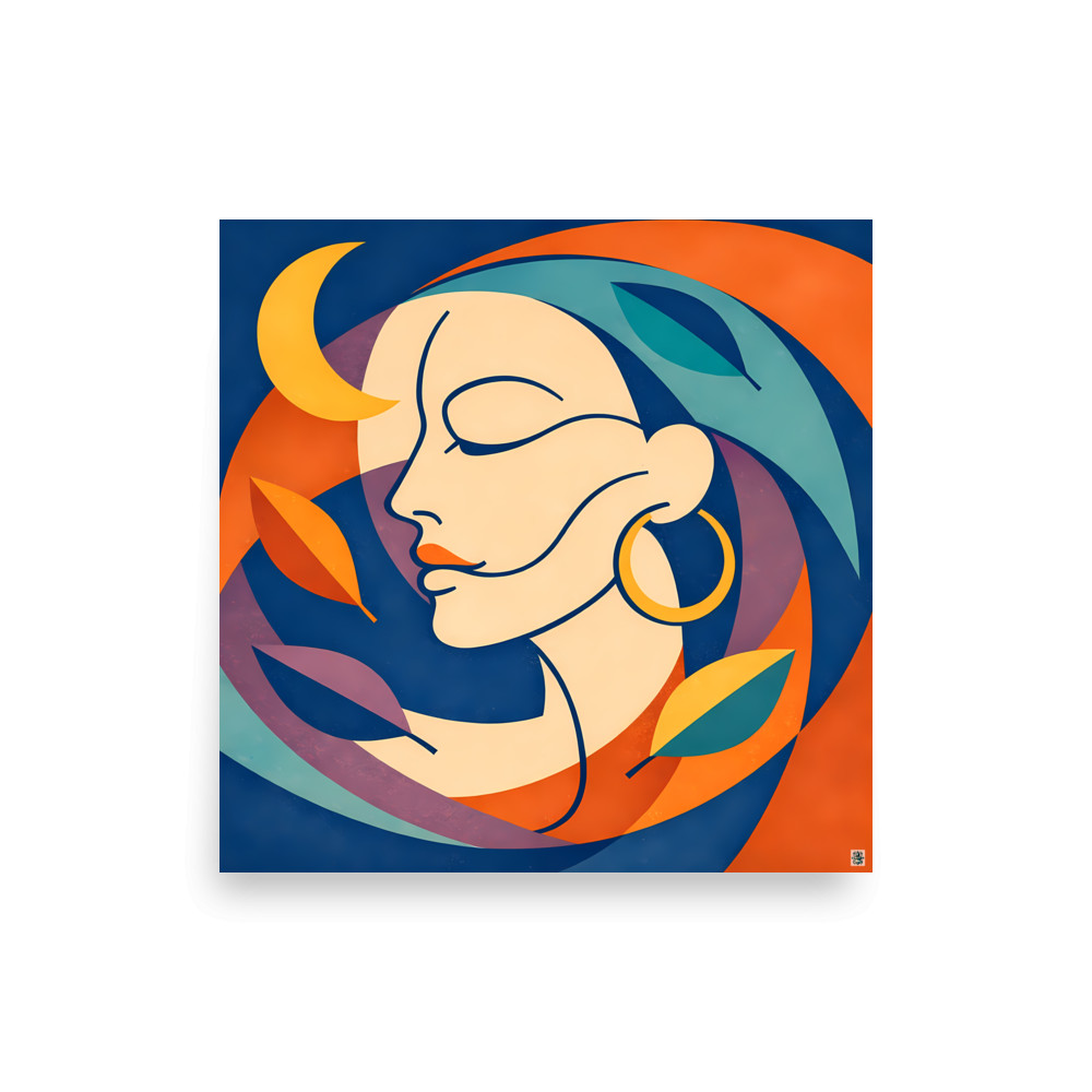Moonlit Minimal Face with Leaves — Art Print