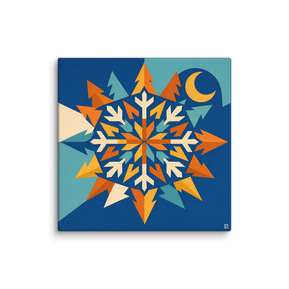 Geometric Snowflake with Pines and Crescent Moon — Canvas Print