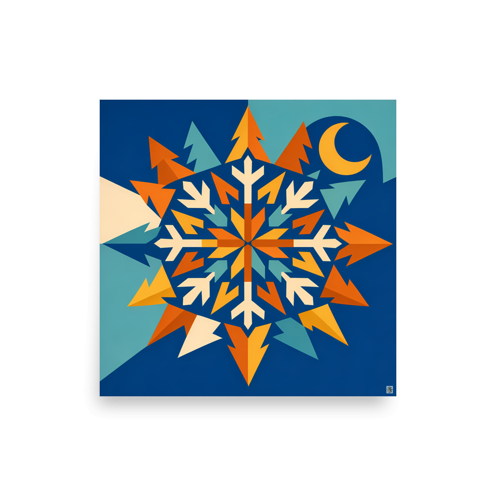 Geometric Snowflake with Pines and Crescent Moon — Art Print